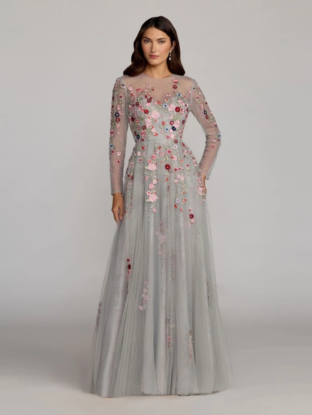 Mac Duggal 11241 Embroidered Illusion High Neck Long Sleeve A Line Gown Size 12